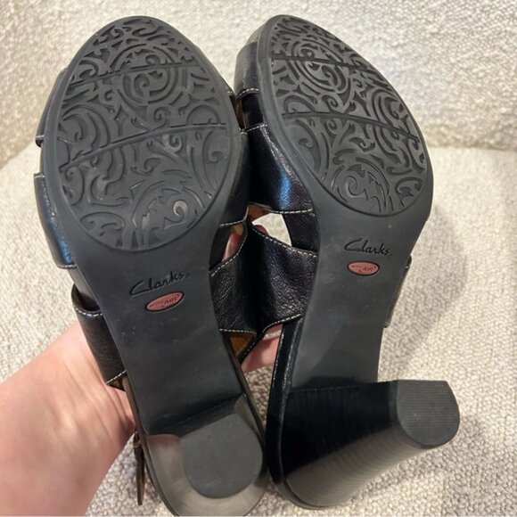 Clarks Artisan Splendor Lily Peep Toe Sandal Black Leather Slingback Block Heel - Picture 5 of 7